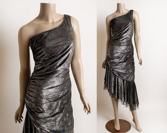 Vintage One Shoulder 1980s Disco Dress- New Leaf Samir Metallic Iridescent Mermaid Travilla Style 80s New Wave Skin Tight Sexy Dress Small