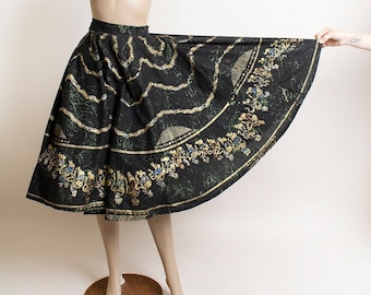 Vintage 1950s Mexican Circle Skirt - Novelty Border Print Gold Hand Painted Full Wrap Waist Tie Black Cotton Jack Franklin Jacmarg Metallic