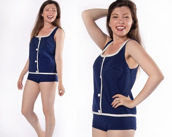 Vintage 1960s Two Piece Bathing Suit - Dark Navy Blue and White Maternity Swimsuit - Playsuit Beach Pool Wear - Button Up Shirt Top - Small