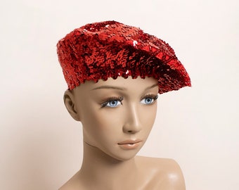 Vintage Red Sequin Beret - Round Sparkly Cherry Red Fully Sequined Hat Cap - Party Club Glam
