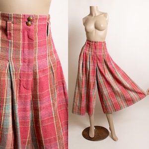 Vintage 1980s Plaid Palazzo Wide Leg Pants - Pink Herman Geist Silk Cotton Pleated Capri Short Length High Waist - Small 80s