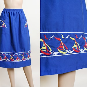 Vintage Sailboat Embroidered Skirt - 1970s Bright Royal Blue Midi Tea Length Skirt with Birds and Boats - Nautical Sailor - Small