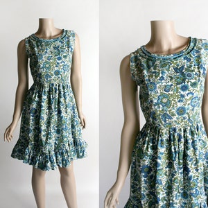 Vintage 1960s Dress Floral Print Aqua Blue and Mint Green Flower Print Cotton Dress Ruffle Hem Small image 1