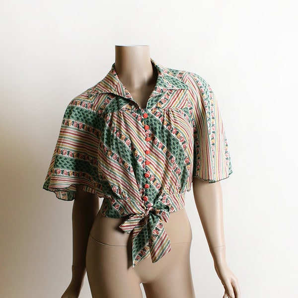 Vintage 1970s Blouse - Rose Print & Button Angel Wing Sheer Striped Cotton Blouse - Green Pink Peach - Waist Tie - Small Medium
