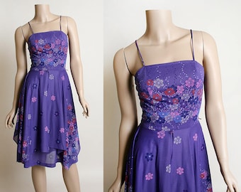 Vintage 1970s Dress - Sheer Floral Print Sundress - Lavender Purple with Pink and Blue Layered Overlay - Flowers - Small XS