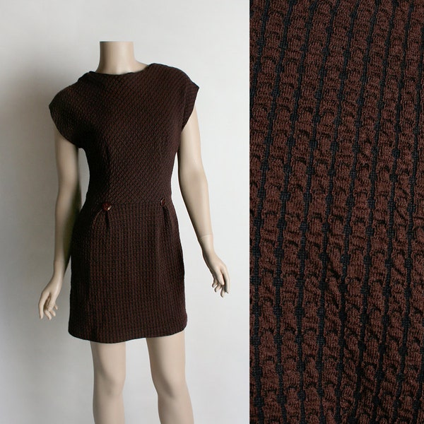 Vintage 1960s Mini Dress - Dark Chocolate Brown Textured Knit Form Fitting Wiggle Dress with Tiger Button Hips - Small