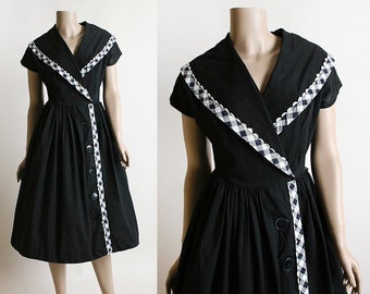 Vintage 1950s Dress - Black and White Gingham Trim Cotton Day Dress with Large Buttons and Sailor Style Neckline Collar - Small