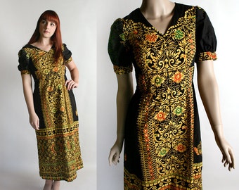 Vintage Boho Maxi Dress - African Print Floral Floor Length Novelty Print Intricate Ornate Ethnic Dress - Small XS