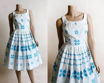 Vintage 1950s Dress - Candy Jones Butterfly Border Print Cotton Day Dress - Turquoise Blue & White - Summer Sundress - Small