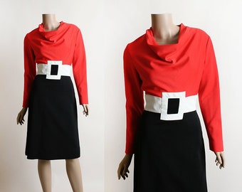 Vintage 1960s Mod Dress - Red Black & White Color Block Wiggle Dress - Big Buckle - Cowl - Long Sleeve - Small