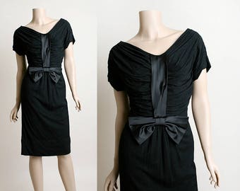 Vintage 1950s Dress - Black Jersey Cotton Wiggle Dress with Large Satin Bow - Semi Off Shoulder - Cocktail Formal Party - Small