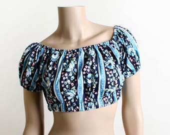 Vintage Floral Half Top - Crop Top in Shades of Navy and Sky Blue - Rose Print - Flower Stripes - Pin-Up Off Shoulder Top - Small