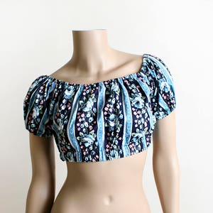 Vintage Floral Half Top - Crop Top in Shades of Navy and Sky Blue - Rose Print - Flower Stripes - Pin-Up Off Shoulder Top - Small