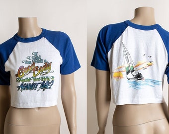 Vintage 1970s Graphic Tee - Crop Top Baseball Shirt with Glitter Iron On Phrase and Sailboat on Back - Funny Naughty - Small