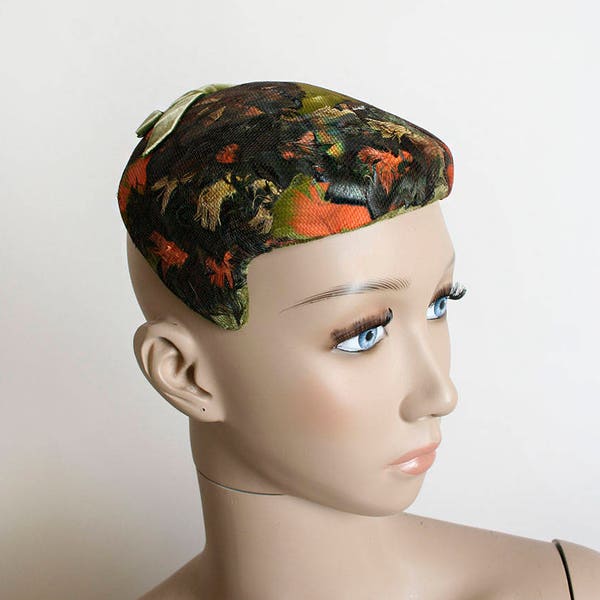 Vintage 1960s Feather Hat - Brown Mousse Tulle Netting with Autumn Orange and Green Feathers - Velvet Bow - Pillbox Style Cap