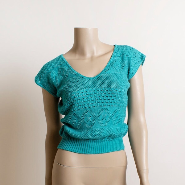 Vintage 1980s Teal Pointelle Sweater Top - Slouchy Sea Blue Green Knit Blouse Positively Petite Mervyn's - Small