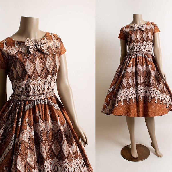 Vintage 1950s Hawaiian Dress- Rust Brown Black White Floral Diamond Bishop Print Cotton Fit n Flare Full Circle Skirt Day Dress 50s - Small