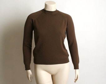 Vintage 1970s Blouse - Chocolate Brown Long Sleeve Back Zipper Action Knit Top - Large