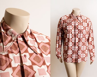 Vintage 1970s Disco Blouse - Maroon Pink & White Geometric Square Diamond Print Button Up Shirt - Kennington Funky Groovy - Large XL