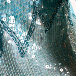 Vintage Sequined Cut-Out Cold Shoulder Blouse Light Blue Teal Iridescent Aquamarine Turquoise Beaded Silk Wings Flames Top Large image 7