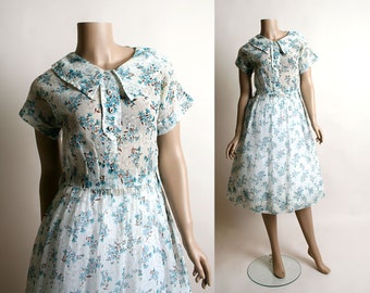 Vintage 1960s Sheer Floral Print Dress - Teal Blue Flower Bloom Gauzy Voile Style Day Dress - Small