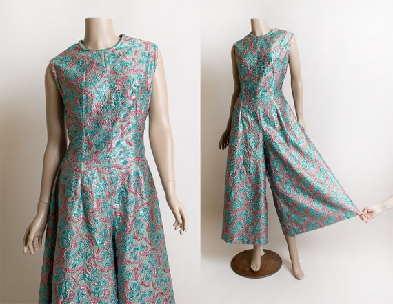 Vintage Butterfly Print Metallic Jumpsuit - Wide L