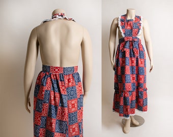 Vintage 1970s Bandana Print Apron Dress - Maxi Floor Length Red White & Blue Summer Pinafore Dress by Now Designs - Cotton - Medium Large