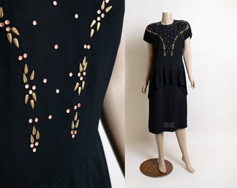 Vintage 1940s Dress - Studded and Beaded Black Rayon Formal Dress with Peplum Skirt - Medium Large