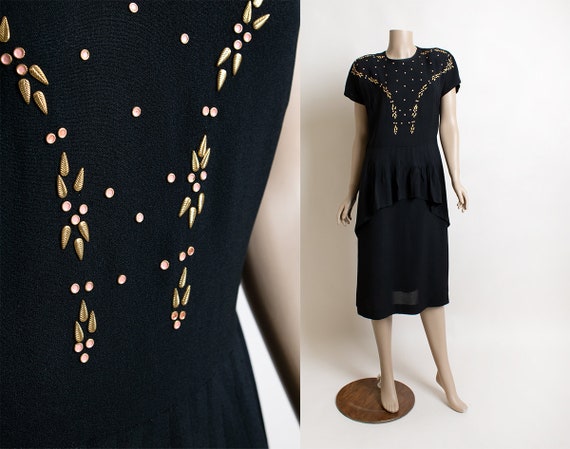 Vintage 1940s Dress - Studded and Beaded Black Ra… - image 1