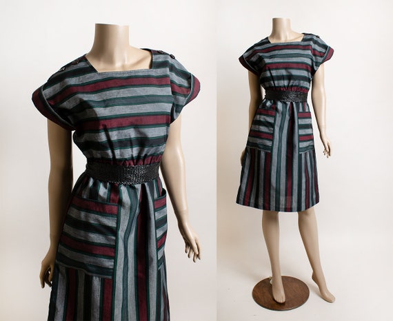 Vintage 1980s Striped Dress with Belt - Maroon Bu… - image 1