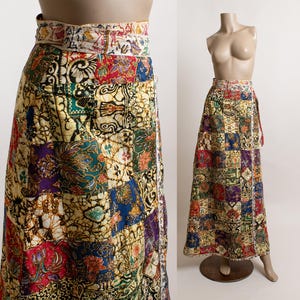 Vintage 1970s Patchwork Wrap Maxi Skirt- Ethnic Novelty Print Indonesian India Batik Boho 70s Beige Blue Red Folk Hippie Style Small 70s