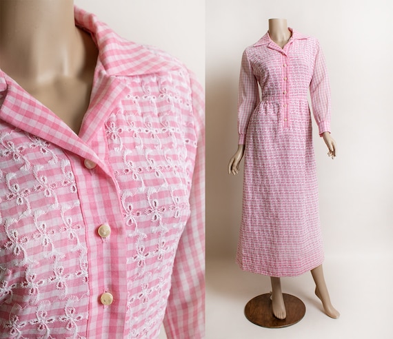 Vintage 1970s Maxi Dress - Cotton Candy Pink Gingham Check Print 