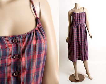 Vintage 1970s Dress - Red Blue Plaid Print Button Down Summer Dress - Light Cotton - S. Howard Hirsh I. Magnin - Medium