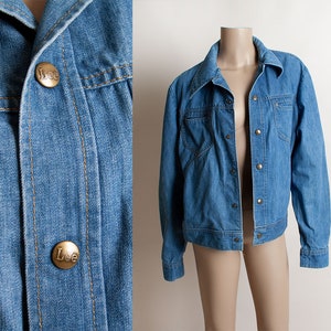 Vintage 1970s Denim Jacket Lee Set Medium Blue Jean Jacket Mens Unisex Snap Button Front Medium Large image 1