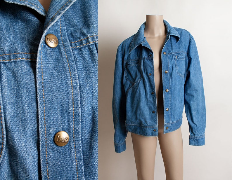 Vintage 1970s Denim Jacket Lee Set Medium Blue Jean Jacket Mens Unisex Snap Button Front Medium Large image 1