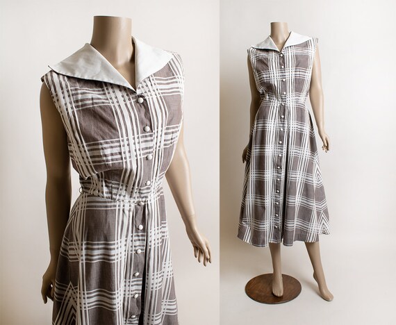 Vintage 1940s Dress - Light Brown Taupe & White P… - image 1