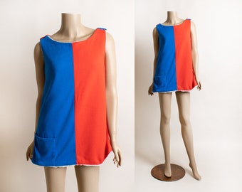 Vintage 1960s 1970s Towel Tunic Top - Royal Blue & Cherry Red with White - Color Block Mod Style Front Pocket - Summer Beach Travel Pool