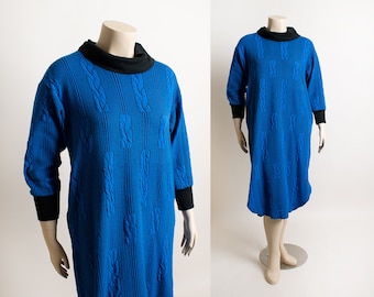 Vintage 1980s Long Sweaterdress - Bright Blue & Black Cable Knit Design Midi Length Sweater Dress Long Sleeves Slit Cowl Turtleneck - Large