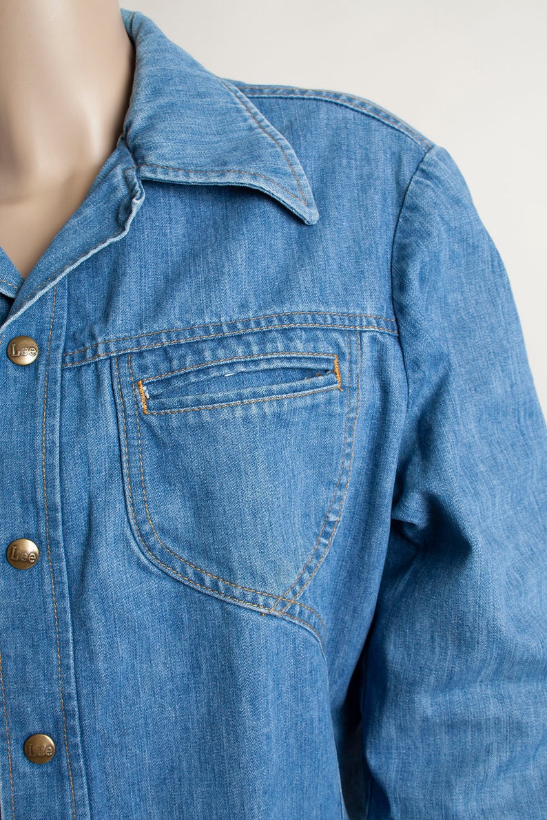 Vintage 1970s Denim Jacket Lee Set Medium Blue Jean Jacket Mens Unisex Snap Button Front Medium Large image 3