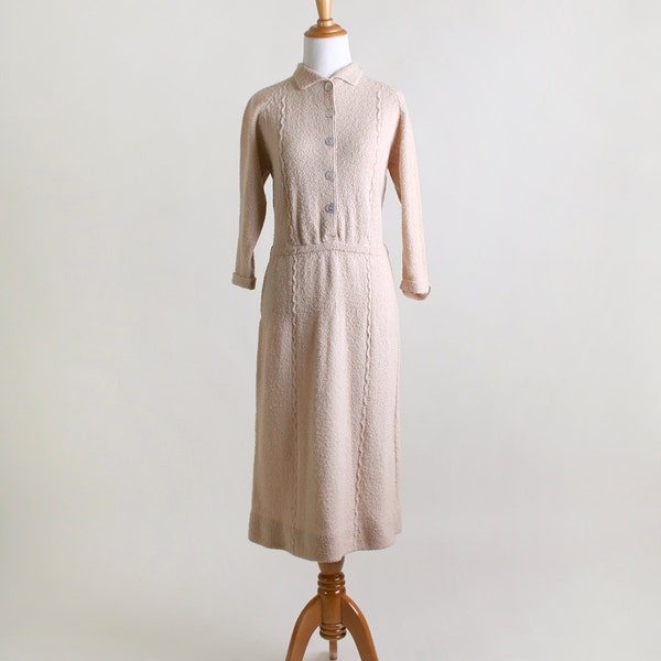 1940s Knit Dress - Spring Vintage Cream Twisted Wave Julius Garfinckel Almond Day Dress - Medium