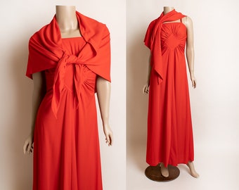 Vintage 1970s Disco Dress with Matching Scarf - Bright Cherry Red Spaghetti Strap Maxi Dress with Diamond Bodice - Darling Debs Small