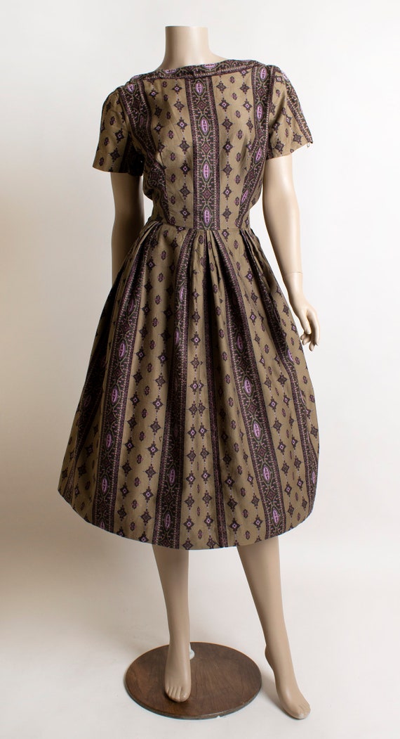 Vintage 1950s Dress - Dark Olive Brown & Purple S… - image 3