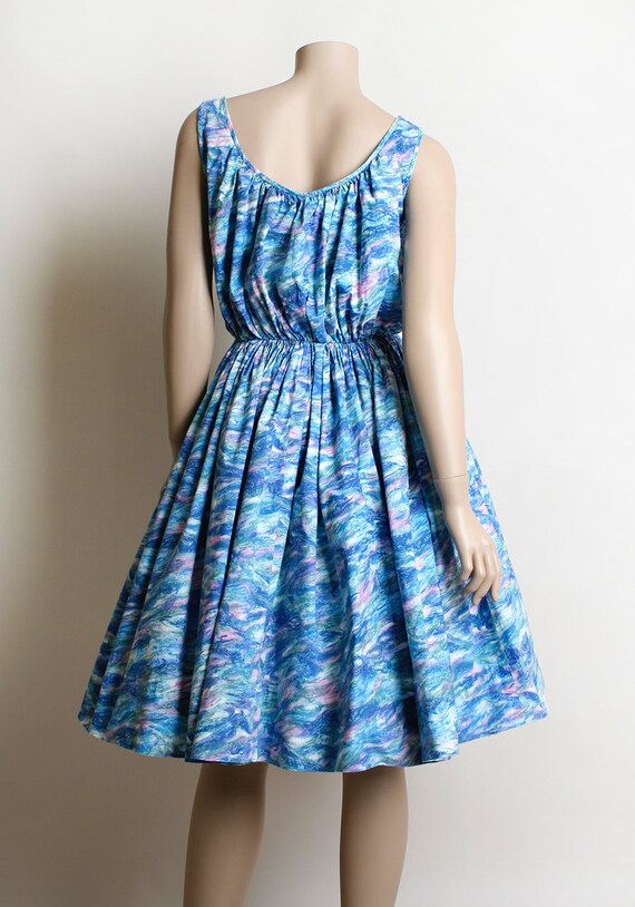 Vintage 1960s Dress - Blue Watercolor with Pink B… - image 3