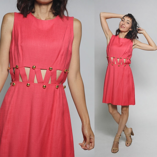 Vintage 1960s Mod Dress - I. Magnin Cut-Out Criss Cross Open Waist Go-Go Style in Hot Pink Rayon Twiggy Dress - Small