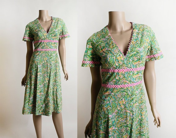 Vintage 1960s Dress - Mint Green & Pink Watercolo… - image 1