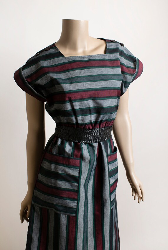 Vintage 1980s Striped Dress with Belt - Maroon Bu… - image 7