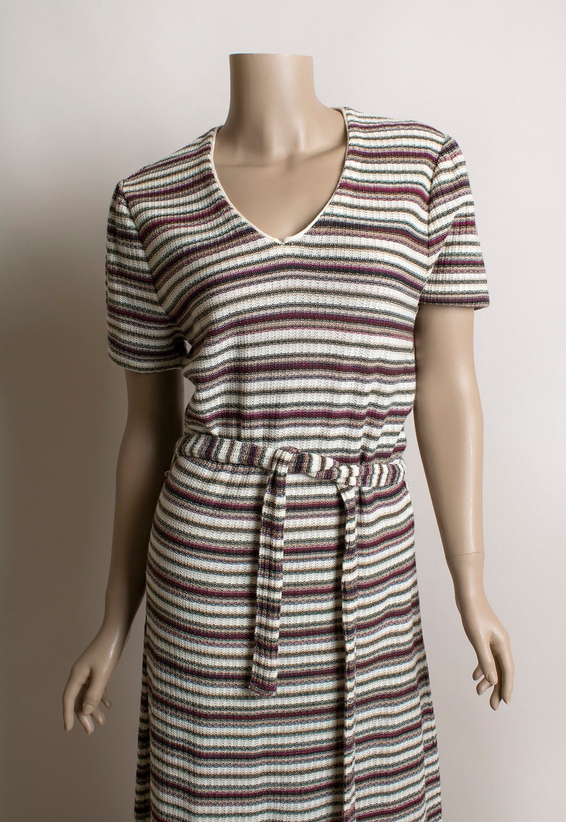 Tan /& Green Vintage 1970s Striped Knit Dress Pink Autumn Tone Colors Sheath Tunic Knitted Dress with Tie Belt Medium Large