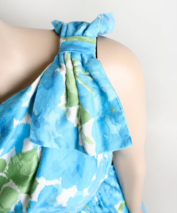 Vintage 1950s Dress - One Shoulder Aqua Blue Flor… - image 6