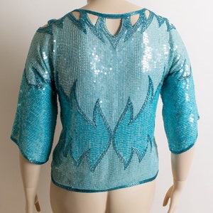 Vintage Sequined Cut-Out Cold Shoulder Blouse Light Blue Teal Iridescent Aquamarine Turquoise Beaded Silk Wings Flames Top Large image 4