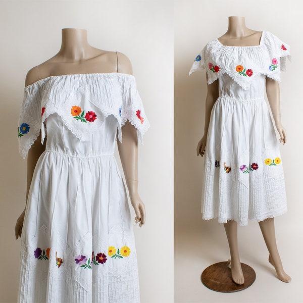 Vintage Off Shoulder Summer Mexican Dress - Colorful Rainbow Embroidered Flowers - Ruffle and Lace - Pintuck Details - Cotton Medium Large